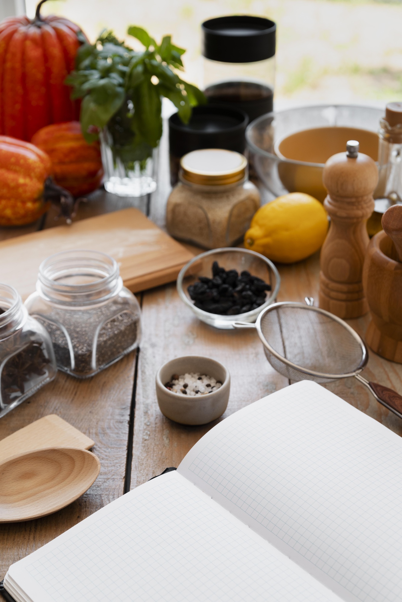 Workshop table with ingredients and notes