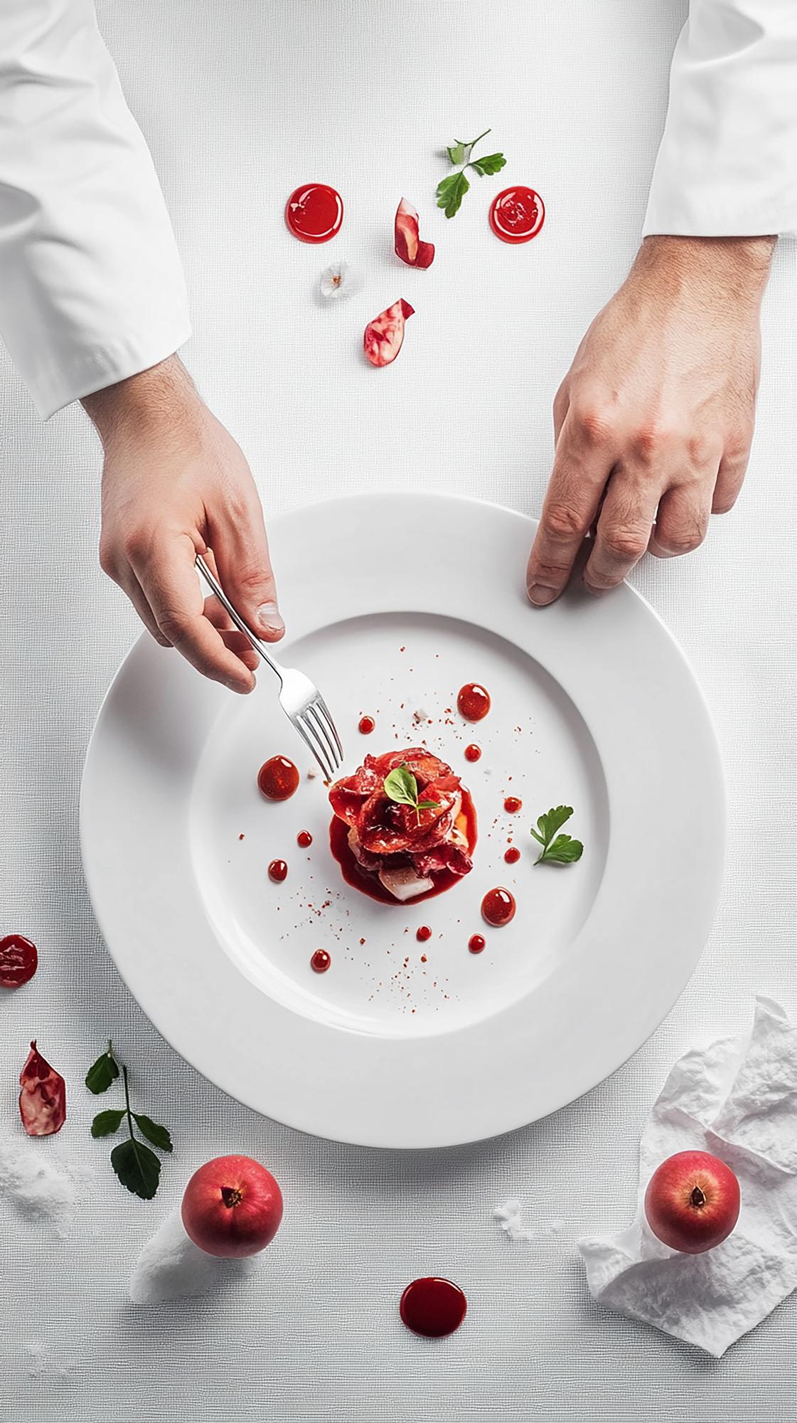 Chef arranging plated dish in warm studio